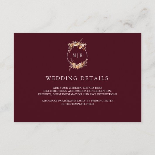 Herfst Wildflower Crest Bourgogne Wedding Details Informatiekaartje (Voorkant)