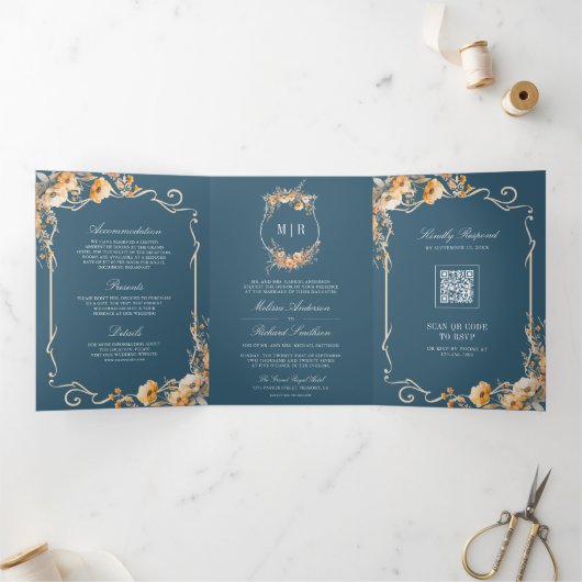 Herfst Wildflower Crest Dusty Blue QR Code Wedding Drieluik Uitnodiging (Binnen)