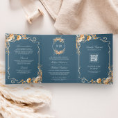 Herfst Wildflower Crest Dusty Blue QR Code Wedding Drieluik Uitnodiging
