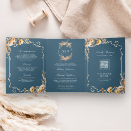 Herfst Wildflower Crest Dusty Blue QR Code Wedding Drieluik Uitnodiging