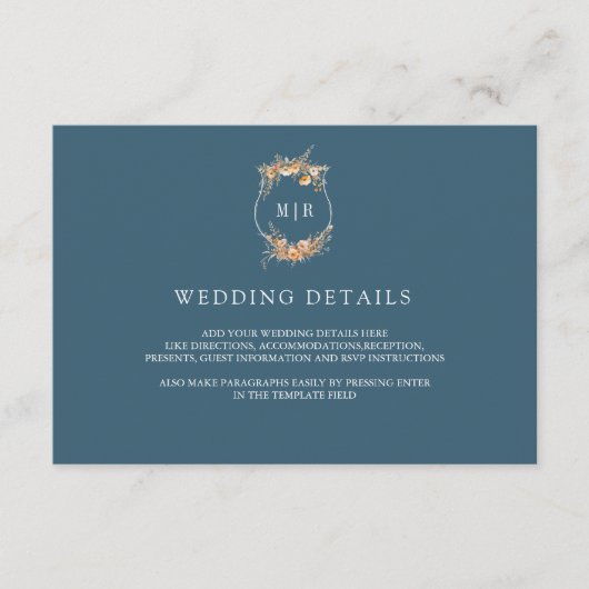Herfst Wildflower Crest Dusty Blue Wedding Details Informatiekaartje (Voorkant)