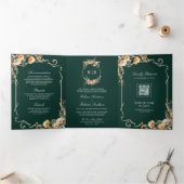 Herfst Wildflower Crest Emerald QR Code Wedding Drieluik Uitnodiging (Binnen)