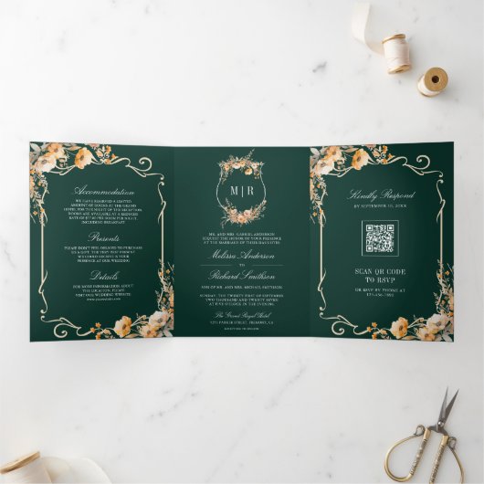 Herfst Wildflower Crest Emerald QR Code Wedding Drieluik Uitnodiging (Binnen)