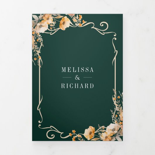 Herfst Wildflower Crest Emerald QR Code Wedding Drieluik Uitnodiging (Cover)