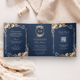 Herfst Wildflower Crest Navy Blue QR Code Wedding Drieluik Uitnodiging