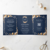 Herfst Wildflower Crest Navy Blue QR Code Wedding Drieluik Uitnodiging (Binnen)
