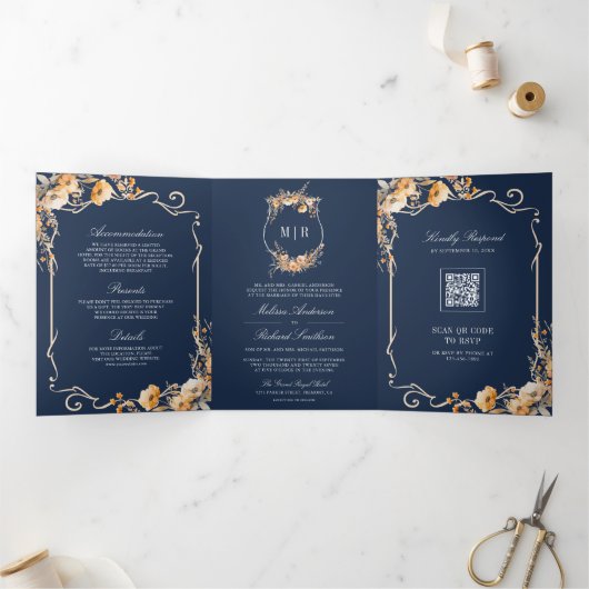 Herfst Wildflower Crest Navy Blue QR Code Wedding Drieluik Uitnodiging (Binnen)
