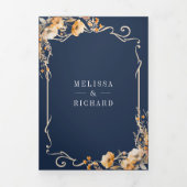 Herfst Wildflower Crest Navy Blue QR Code Wedding Drieluik Uitnodiging (Cover)