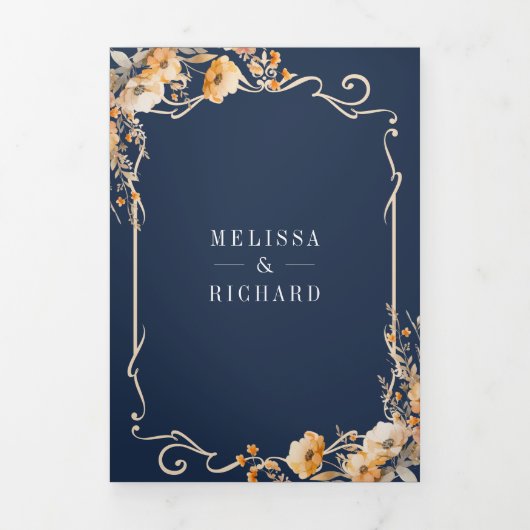 Herfst Wildflower Crest Navy Blue QR Code Wedding Drieluik Uitnodiging (Cover)