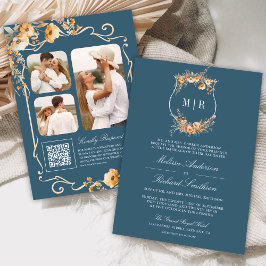 Herfst Wildflower Crest QR Code Dusty Blue Wedding Kaart