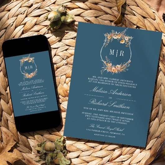 Herfst Wildflower Crest QR Code Dusty Blue Wedding Kaart