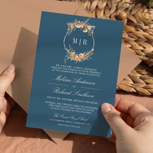 Herfst Wildflower Crest QR Code Dusty Blue Wedding Kaart