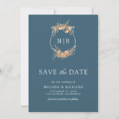 Herfst Wildflower Crest QR Code Dusty Blue Wedding Save The Date (Voorkant)