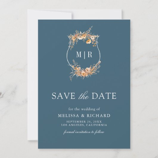 Herfst Wildflower Crest QR Code Dusty Blue Wedding Save The Date (Voorkant)