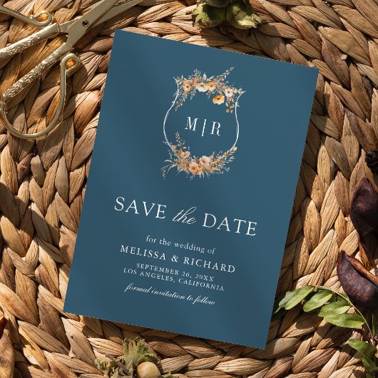 Herfst Wildflower Crest QR Code Dusty Blue Wedding Save The Date