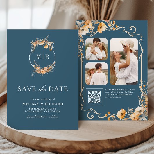 Herfst Wildflower Crest QR Code Dusty Blue Wedding Save The Date
