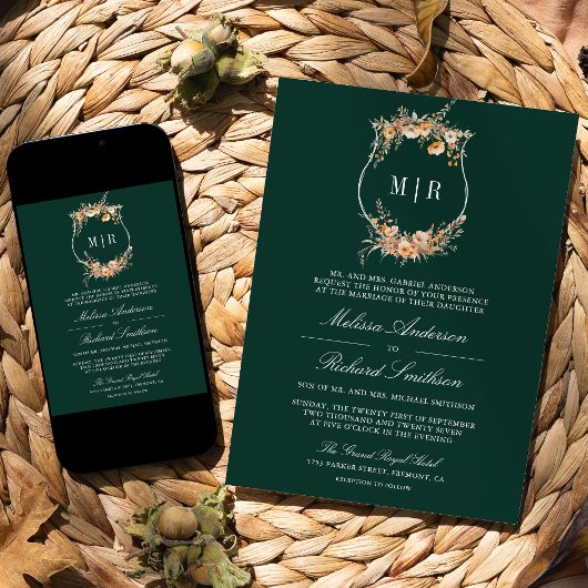 Herfst Wildflower Crest QR Code Emerald Wedding Kaart