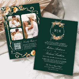 Herfst Wildflower Crest QR Code Emerald Wedding Kaart
