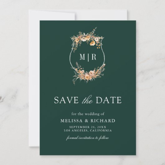 Herfst Wildflower Crest QR Code Emerald Wedding Save The Date (Voorkant)