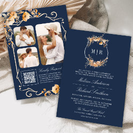 Herfst Wildflower Crest QR Code Navy Blue Wedding Kaart