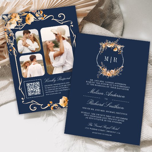 Herfst Wildflower Crest QR Code Navy Blue Wedding Kaart