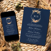 Herfst Wildflower Crest QR Code Navy Blue Wedding Kaart