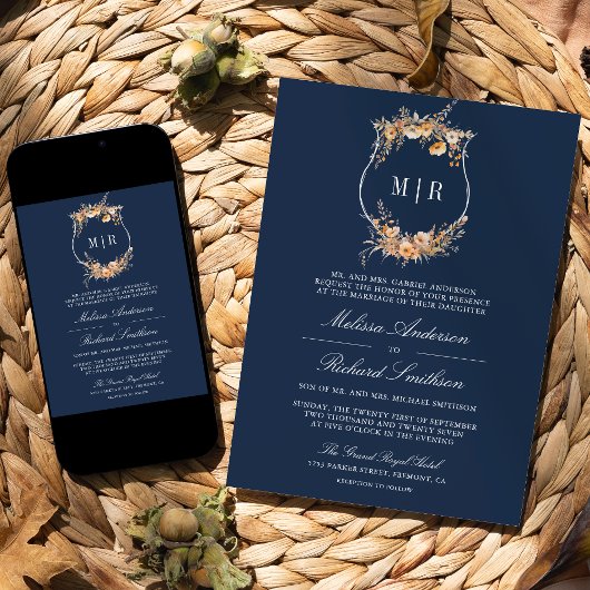 Herfst Wildflower Crest QR Code Navy Blue Wedding Kaart