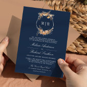 Herfst Wildflower Crest QR Code Navy Blue Wedding Kaart