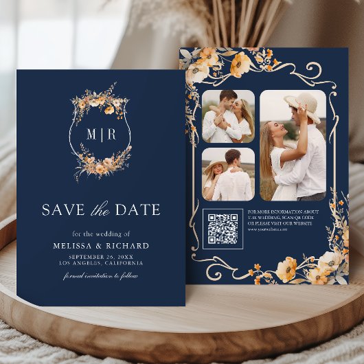 Herfst Wildflower Crest QR Code Navy Blue Wedding Save The Date