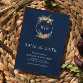 Herfst Wildflower Crest QR Code Navy Blue Wedding Save The Date