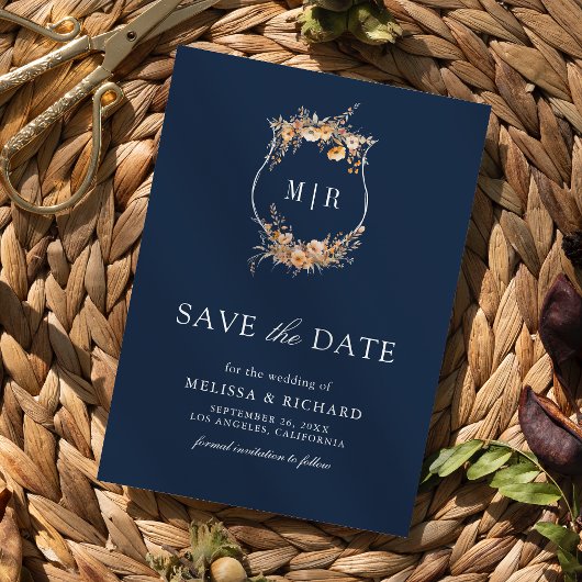 Herfst Wildflower Crest QR Code Navy Blue Wedding Save The Date