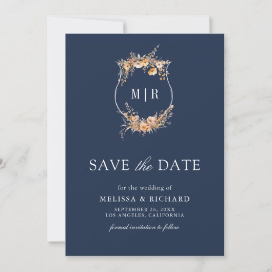 Herfst Wildflower Crest QR Code Navy Blue Wedding Save The Date (Voorkant)