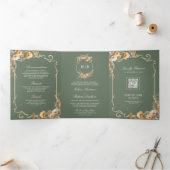 Herfst Wildflower Crest Sage Green QR Code Wedding Drieluik Uitnodiging (Binnen)