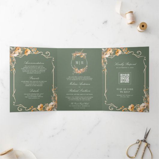 Herfst Wildflower Crest Sage Green QR Code Wedding Drieluik Uitnodiging (Binnen)