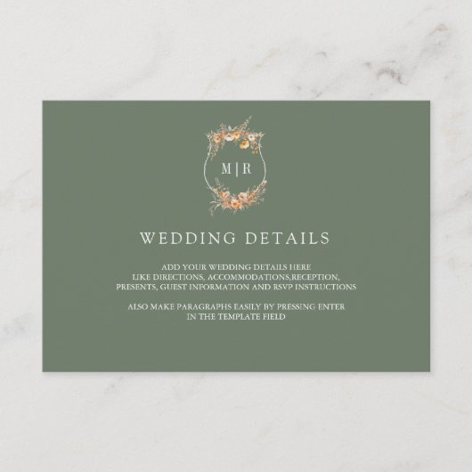 Herfst Wildflower Crest Sage Green Wedding Details Informatiekaartje (Voorkant)