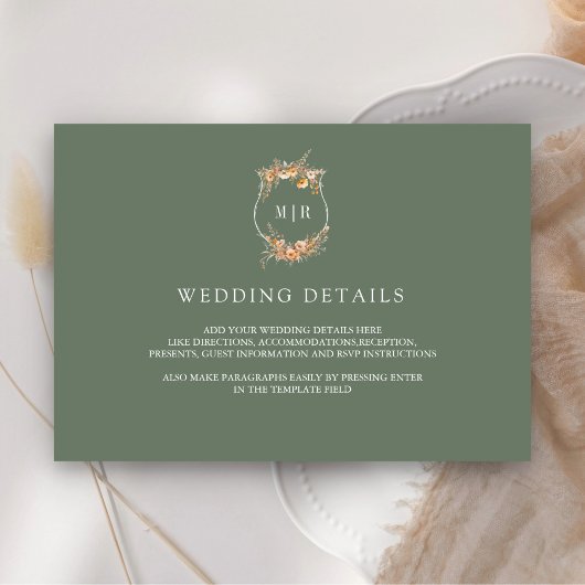 Herfst Wildflower Crest Sage Green Wedding Details Informatiekaartje