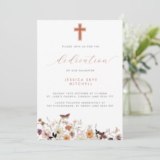 Herfst Wildflower Cross & Script Baby Toewijding Kaart (Staand voorkant)