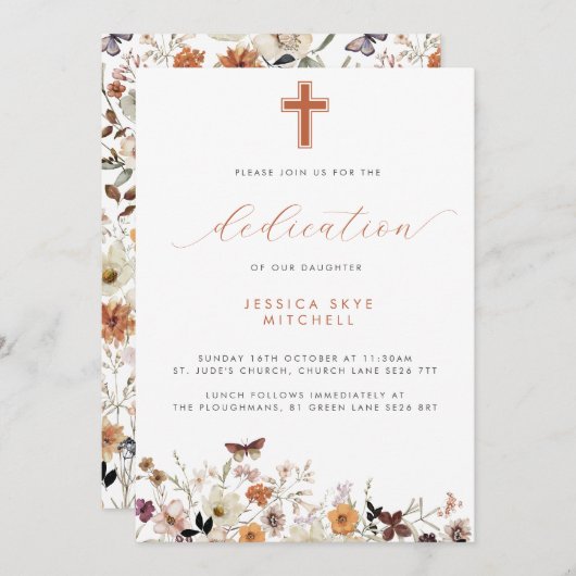 Herfst Wildflower Cross & Script Baby Toewijding Kaart (Voorkant / Achterkant)