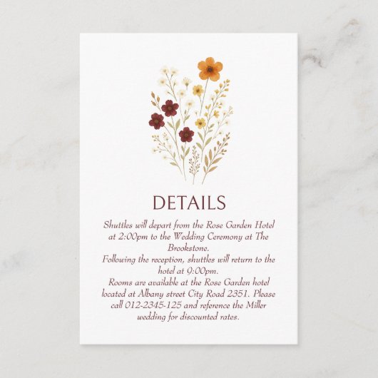 Herfst Wildflower Elegante Boho Wedding Details Informatiekaartje (Voorkant)