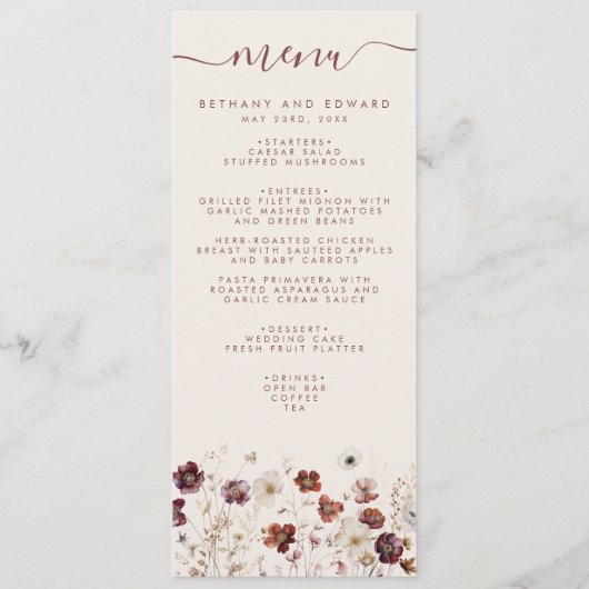 Herfst Wildflower Field Beige Wedding Menu (Voorkant)