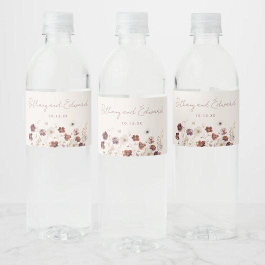 Herfst Wildflower Field Beige Wedding Waterfles Etiket (Flessen)