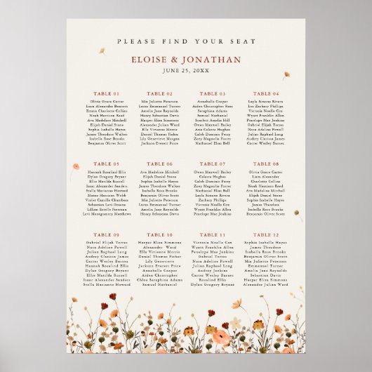 Herfst Wildflower Garden Boho Wedding Seating Char Poster (Voorkant)