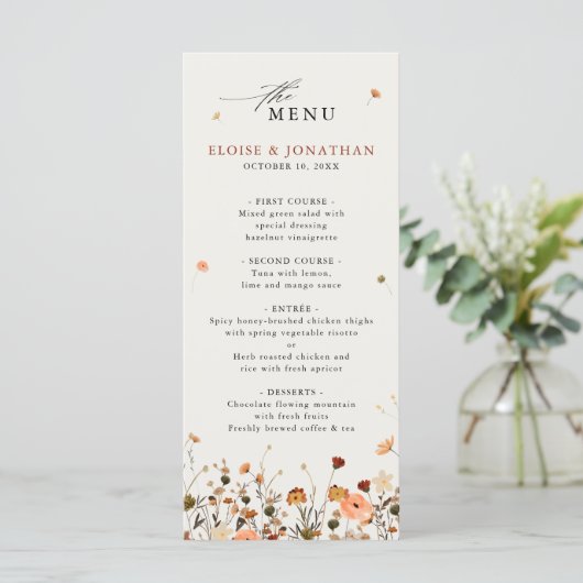 Herfst Wildflower Garden Floral Boho Chic bruiloft Menu (Staand voorkant)