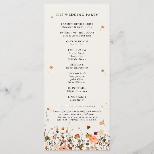 Herfst Wildflower Garden Floral Boho Chic bruiloft Programmakaart (Achterkant)