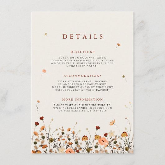 Herfst Wildflower Garden Floral Boho Wedding Detai Informatiekaartje (Voorkant)