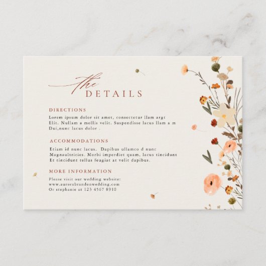 Herfst Wildflower Garden Floral Boho Wedding Detai Informatiekaartje (Voorkant)