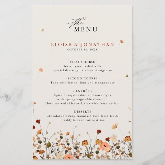 Herfst Wildflower Garden Floral Boho Wedding Menu (Voorkant)