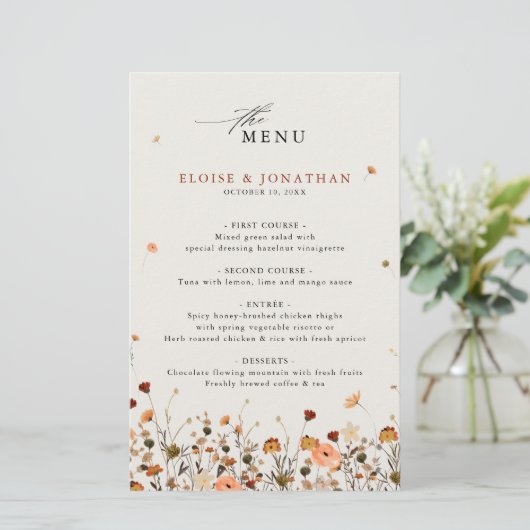 Herfst Wildflower Garden Floral Boho Wedding Menu (Staand voorkant)