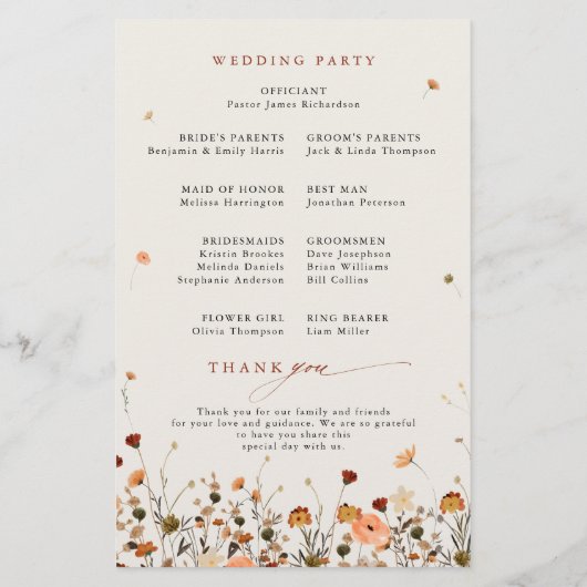 Herfst Wildflower Garden Floral Boho Wedding Progr (Achterkant)