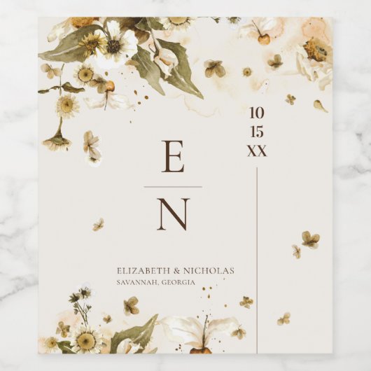 Herfst Wildflower | Monogram Bruiloft Wijn Label Etiket (Enkel label)